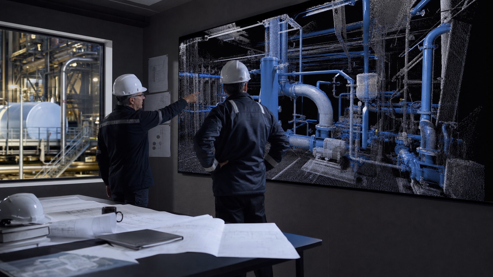 Two engineers coordinating piping geometry with a captured process plant