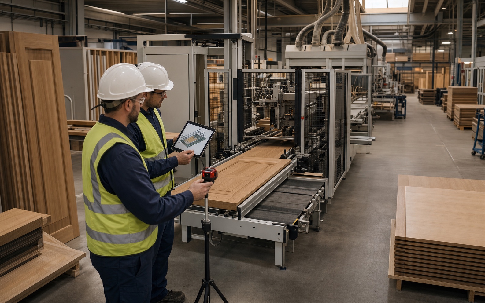 Engineers validating equipment fit and access in an automated wood and door production line