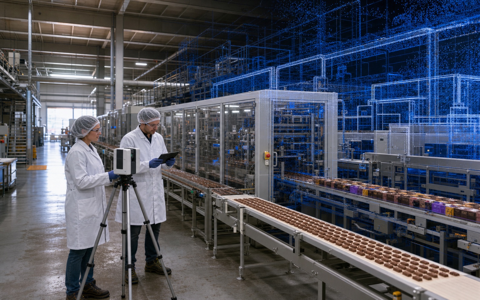 A chocolate production line transitioning from captured reality into coordinated CAD geometry