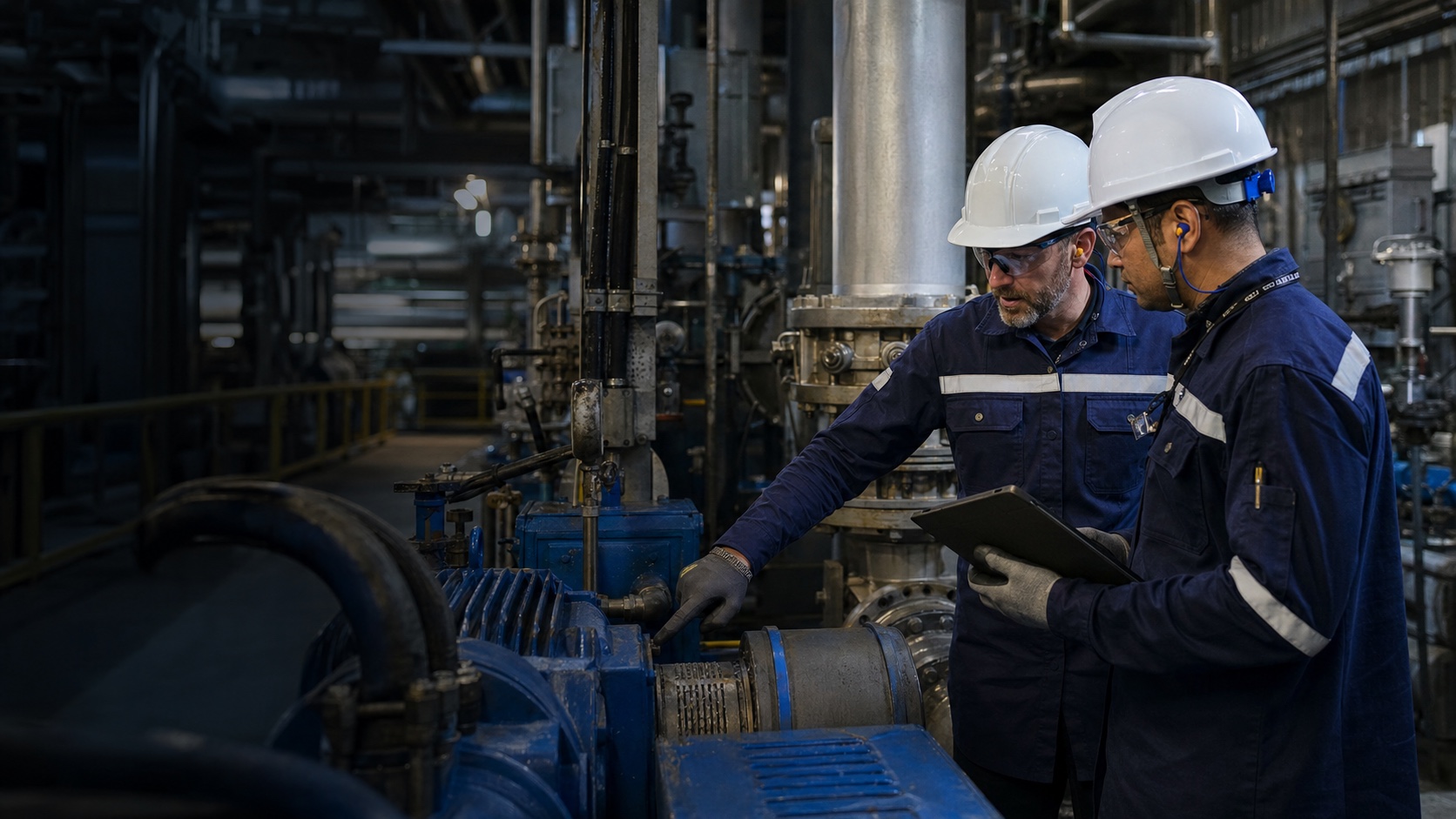 A maintenance engineer and operations specialist inspect the same pump in the field