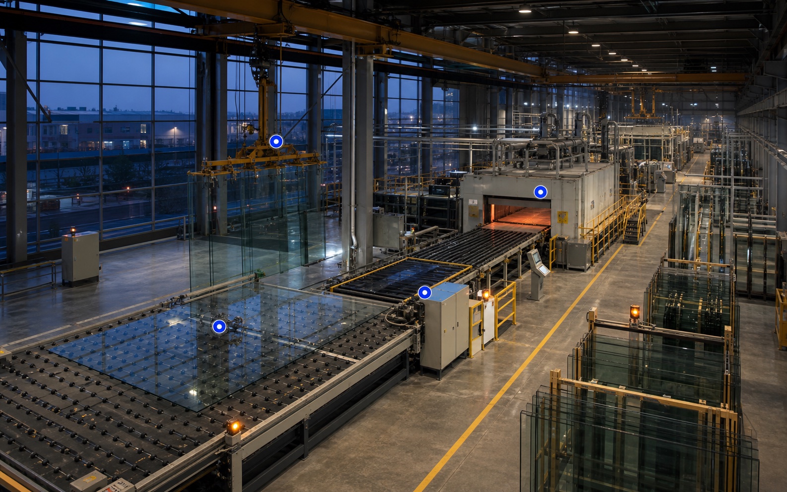 A connected architectural glass production line with handling equipment, furnace and operating context