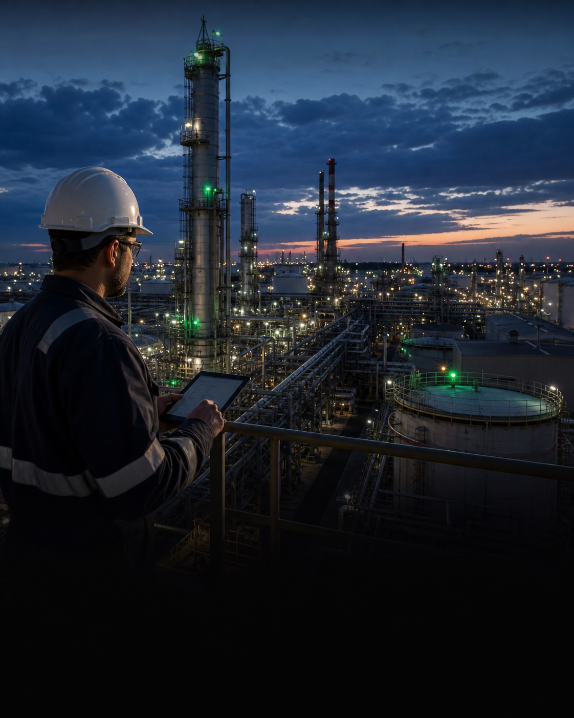 A refinery operations engineer viewing a connected process plant from the field
