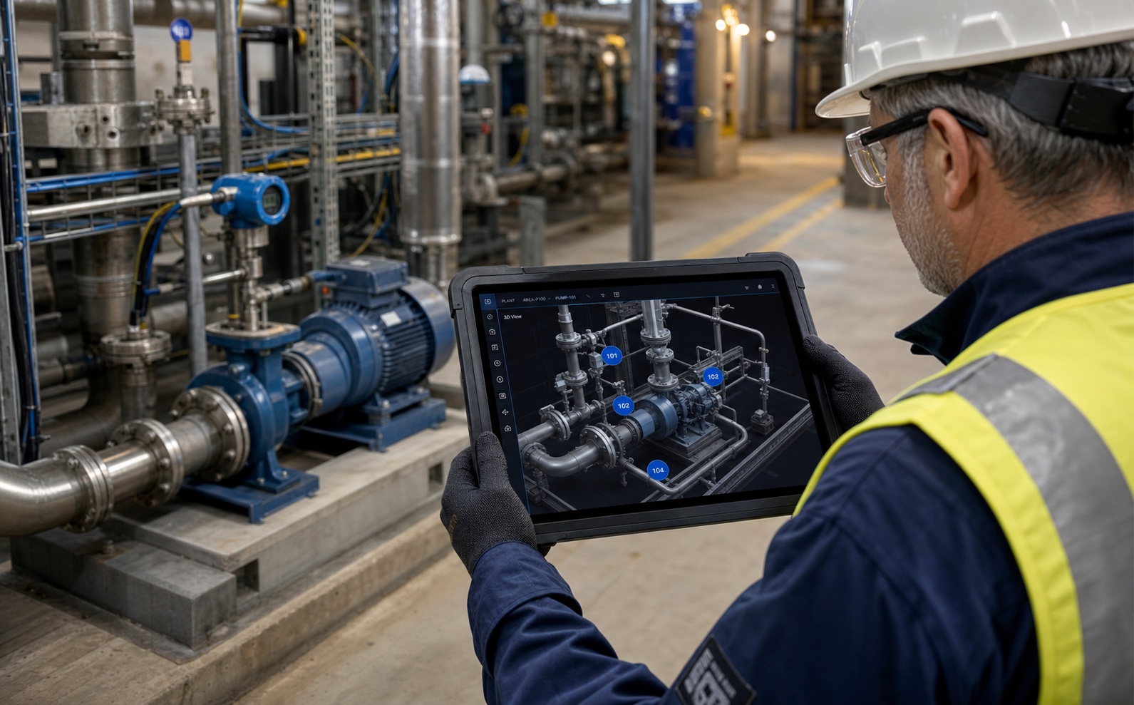 A field engineer reviewing asset context and a digital twin on a tablet