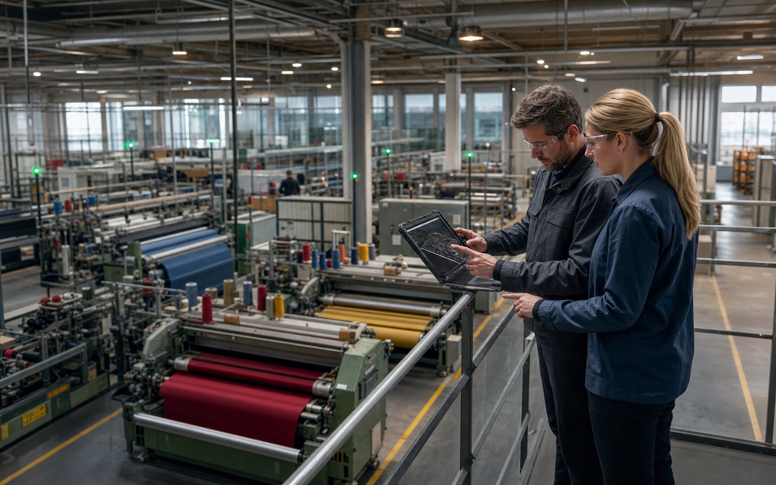 Operations engineer and maintenance planner reviewing a textile production floor together