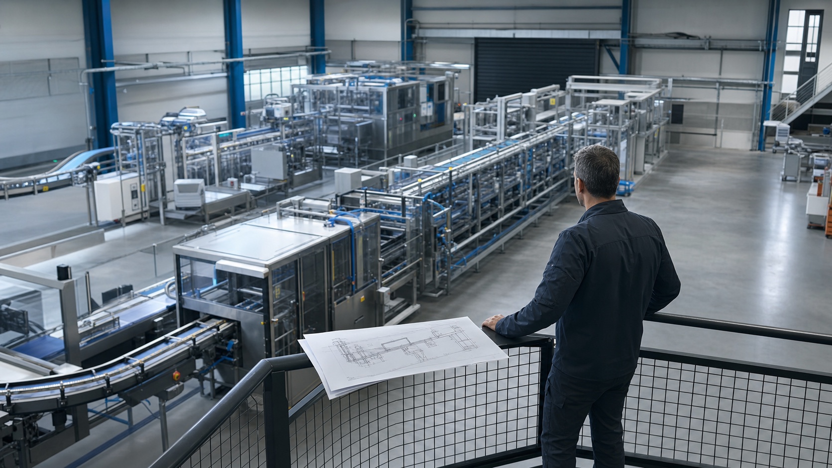 Technical sales engineer reviewing a complete automated production line from an observation deck