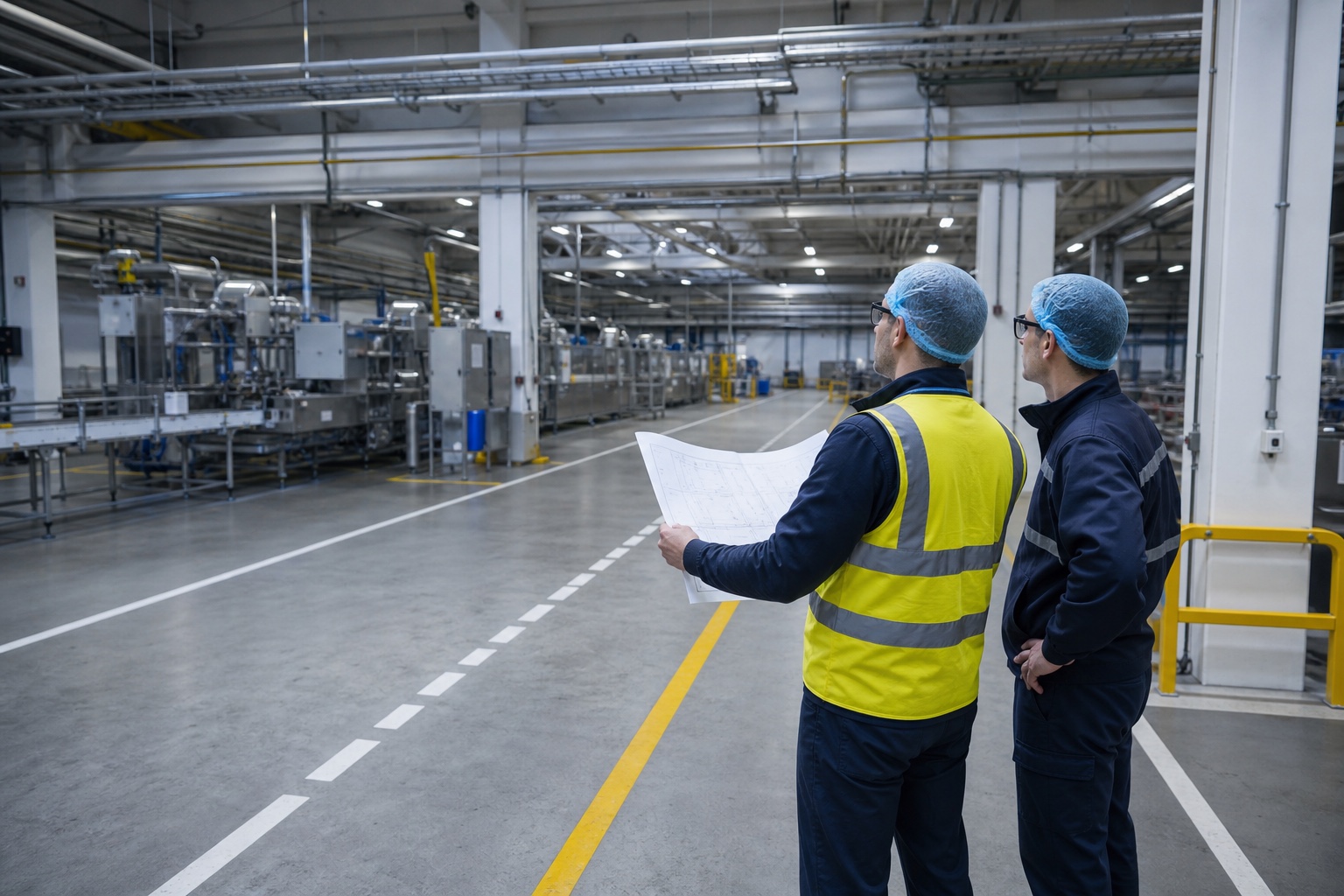Technical sales engineer and customer reviewing a production-line location inside the existing factory