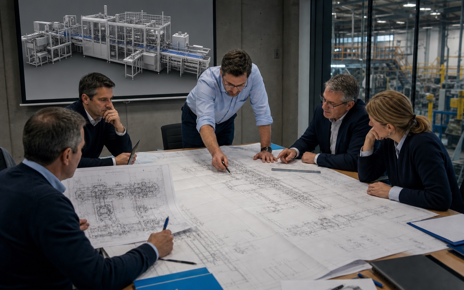 Machine-builder sales team and customer stakeholders working across an oversized two-dimensional production-line drawing