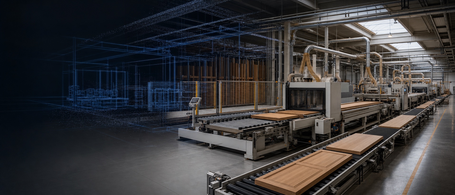 A complete automated wood and door production line presented as one coherent system