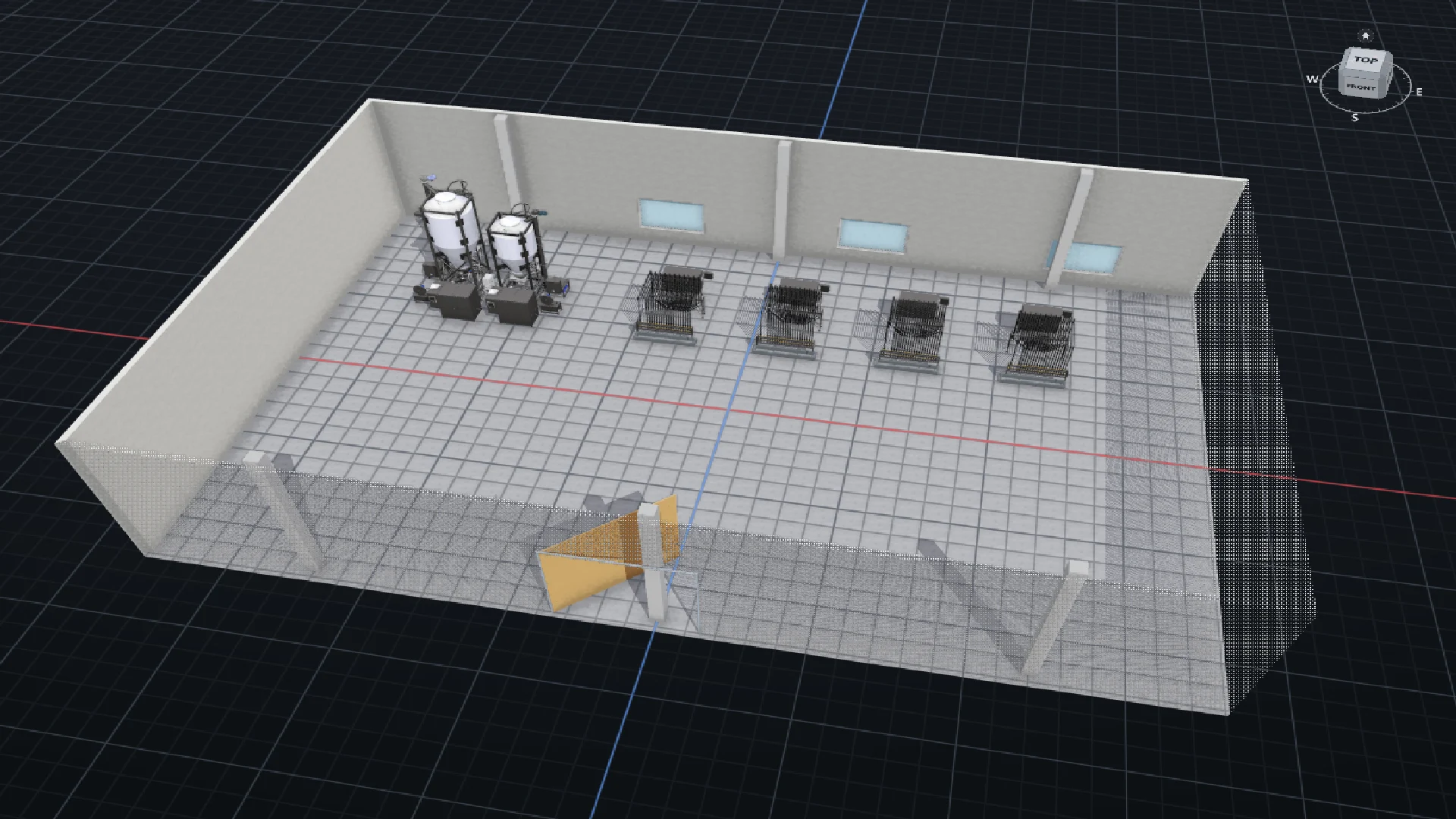 RPD and four RD96 models arranged in a 36 × 24 m facility