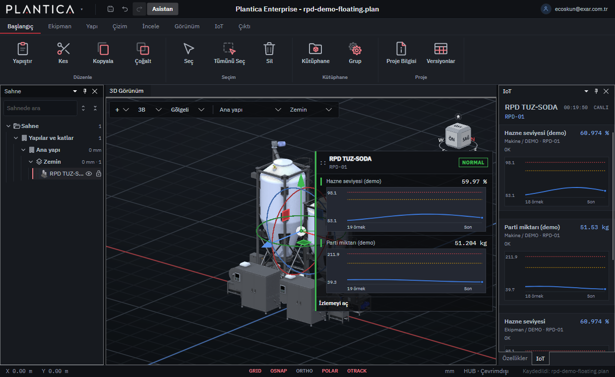 Data panel showing hopper level and batch mass beside the RPD equipment